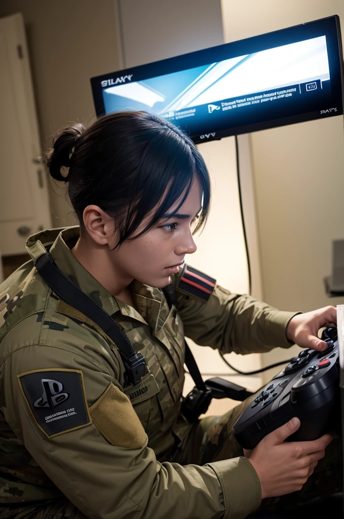Soldier playing Playstation during a battle
