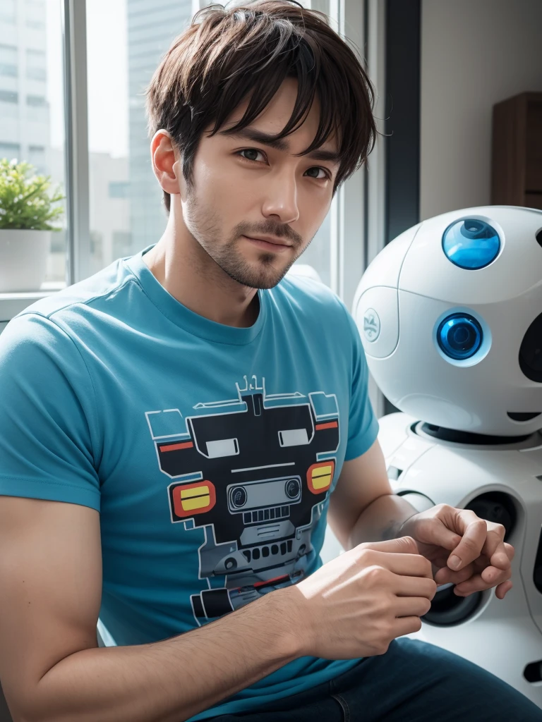 A man in his 30s wears a robot shirt. Bright picture during daytime