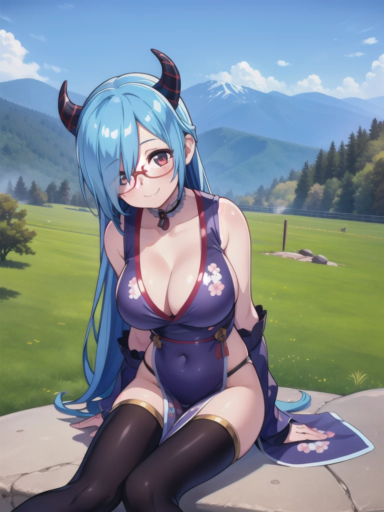 master-piece, bestquality, 1girls,16 years old, View viewers from front, sit, HD, slight smile, big tits, cleavage, tights cloth, swuimsuit, tiny body, outdoor, mountain, horn, glasses, leaning forward