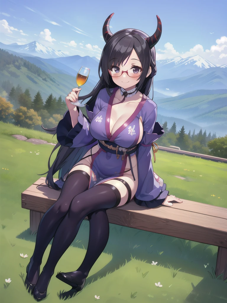 master-piece, bestquality, 1girls,16 years old, View viewers from front, sit, HD, slight smile, big tits, cleavage, tights cloth, swuimsuit, tiny body, outdoor, mountain, horn, glasses, leaning forward