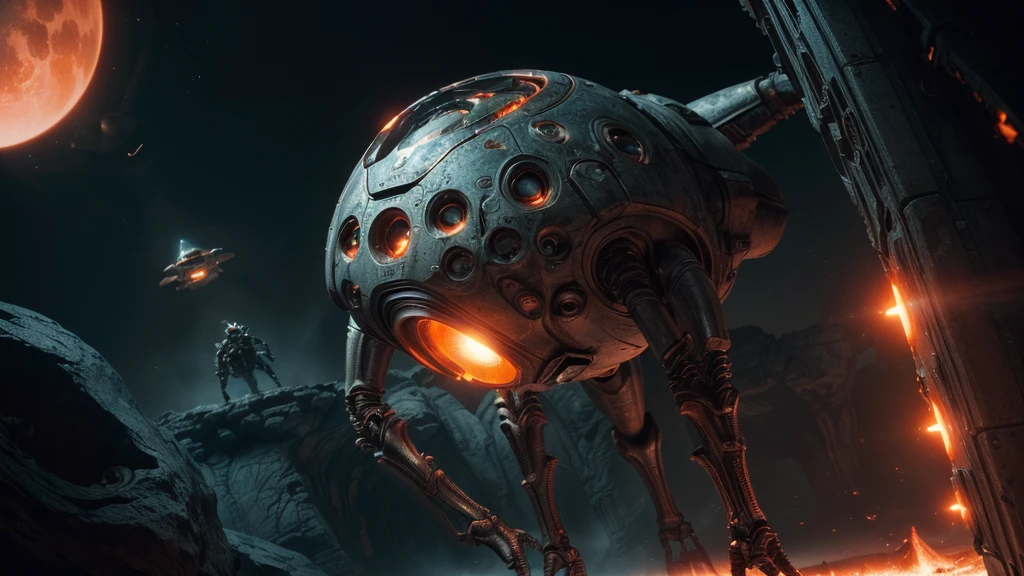 (Disgusting Intricate Alien Biology Biomechanical ALIEN Creatures) biomechanical alien, unknown, extraterrestrial biology on unknown planet, HEAVY atmosphere with dust particles suspended in the air RED WITH SULFUR