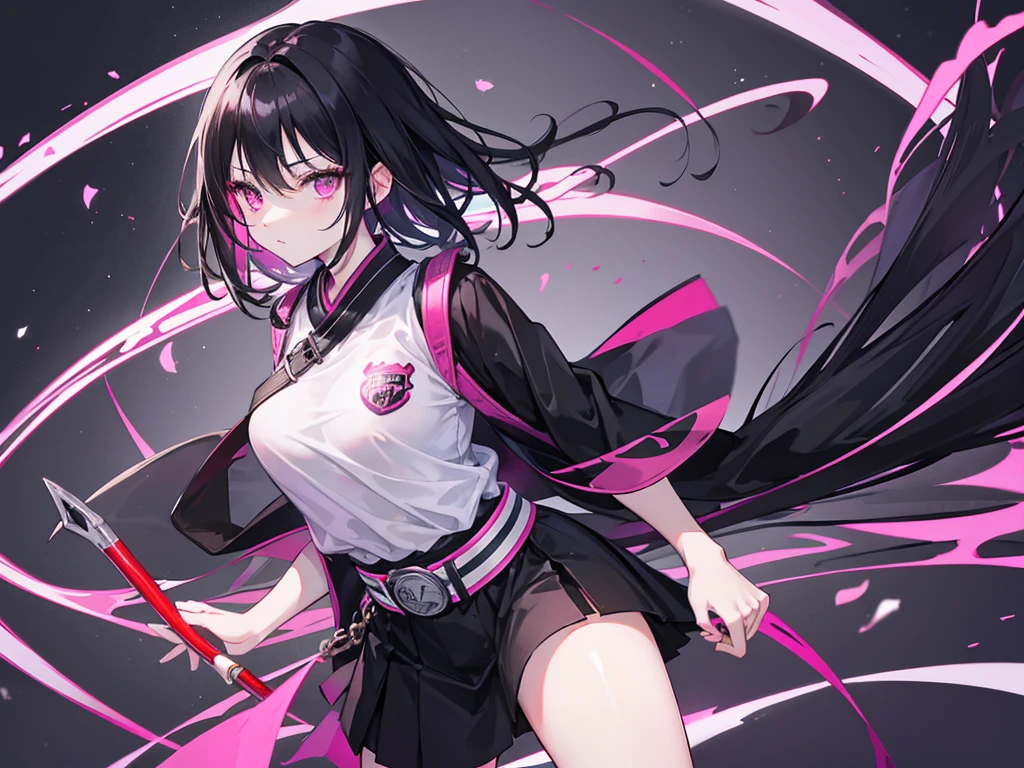 Dark black hair、Pink Eyes、4K photo of an 18 year old girl with a black belt。 Wear a girl's sweater outfit。 happy birthday