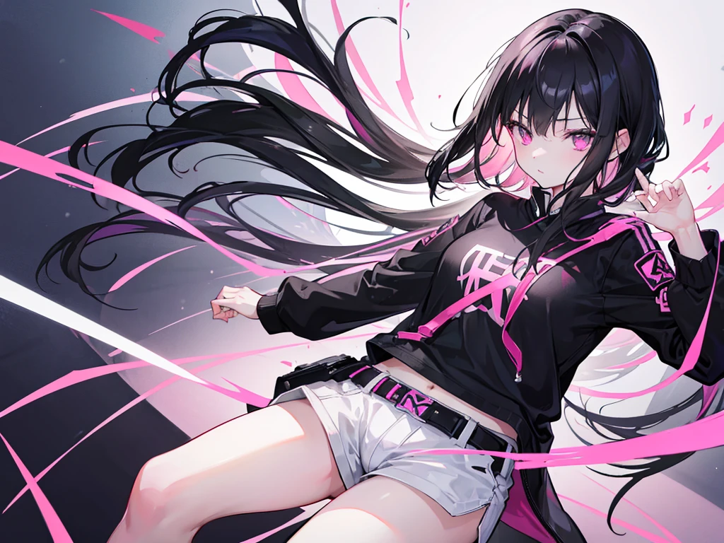Dark black hair、Pink Eyes、4K photo of an 18 year old girl with a black belt。 Wear a girl's sweater outfit。 happy birthday