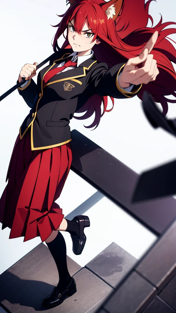 1girl ,20s,mature female,angry face,(red hair),long hair,fox ears,(white background, line drawing),necktie,black jacket, blazer,long sleeves,pleated skirt,walking,university balcony
