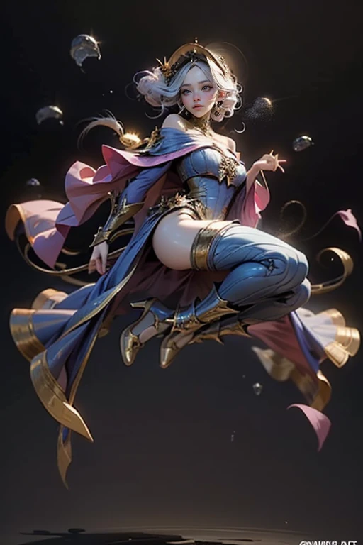 (Masterpiece artwork:1.2), (the best quality:1.2), perfect lighting, vampire, in battle. floating in mid - air, Visible medium breasts, cleavage transparent, blue robe, from above, SPARKLES, Romantic heart. She wears heels. has a jump. Dress up jumps, high heel boots, nsfw