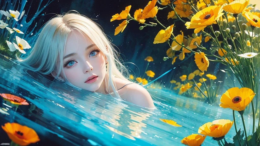 Una foto maestra de 1 chica ,Ethereal Beauty,dream like,rubia,ojos azules,(ojos florecientes:1.2),desnuda,piel desnuda,Luz desde la derecha,Profundidad de campo,con la mitad del pezon en el agua,cabeza fuera del agua,flotando,mujer desnuda en el agua,nivel del agua hasta su pezon,mostrando un poco la parte de su pecho,de enfrente,estomago hacia abajo en el agua,cara sonriente