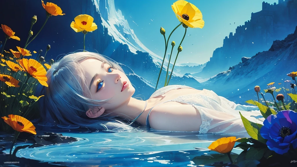 a beautiful girl is sitting on the beach,winking,Crystal spring flower, Pink white gradient, water drop, Fantastical, galaxies, Transparent, Light blue leaves, brilliance, aqua, colorful, Magical photography of light blue leaves, dramatic illumination, Photo realism, Ultra detailed, depthoffield, high resolusion, parted bangs, silver hair, Sparkle, god rays, projected inset, from above, 4k, anatomically correct, UHD