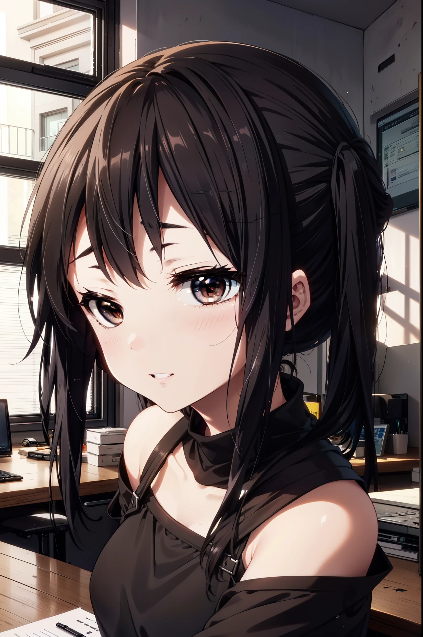 meet, Azusa Nakano, Black Hair, (Brown eyes:1.5), Long Hair, Straight Hair,Cold shoulder tops,Short sleeve,Skinny jeans,Stiletto heels,happy smile, smile, Open your mouth,interior,There is a computer on the table,Walking,So that the whole body goes into the illustration,昼間
break indoors, office,
break looking at viewer,
break (masterpiece:1.2), Highest quality, High resolution, unity 8k wallpaper, (figure:0.8), (Beautiful attention to detail:1.6), Highly detailed face, Perfect lighting, Highly detailed CG, (Perfect hands, Perfect Anatomy),