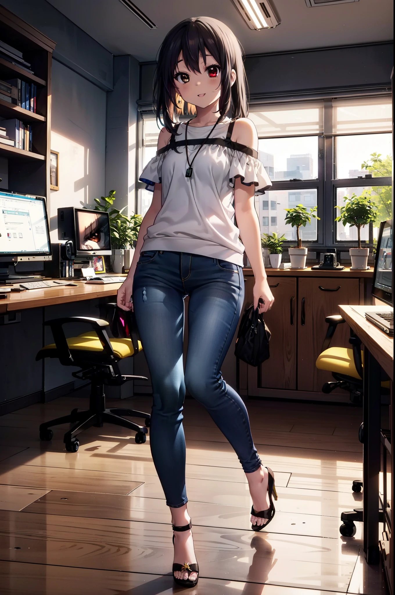 meet, Azusa Nakano, Black Hair, (Brown eyes:1.5), Long Hair, Straight Hair,Cold shoulder tops,Short sleeve,Skinny jeans,Stiletto heels,happy smile, smile, Open your mouth,interior,There is a computer on the table,Walking,So that the whole body goes into the illustration,昼間
break indoors, office,
break looking at viewer,
break (masterpiece:1.2), Highest quality, High resolution, unity 8k wallpaper, (figure:0.8), (Beautiful attention to detail:1.6), Highly detailed face, Perfect lighting, Highly detailed CG, (Perfect hands, Perfect Anatomy),