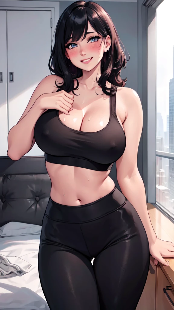 Mina, (detailed lighting, extremely detailed skin, extremely detailed hair, shadows, 8k), looking at viewer, (High Key Lighting); black hair,d, fit figure, (Grinning smile) ,(((blush))))), ((large udder)) , sexually aroused, wet shirt, in apartment, beautiful face, beautiful eyes, yoga pants, sports bra, (large breasts:1.3), (wide hips:1.1),(skin glistening with sweat),(showing cleavage)