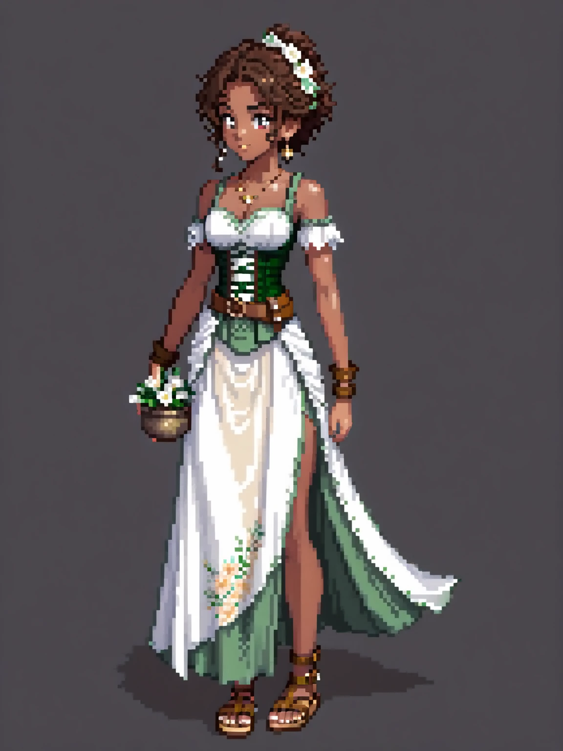 (Pixel art: 1.2), 1 young woman, 23 years old, dark skin, with medium dark brown curly hair held back by a cloth, wearing a medieval white dress with floral details, a light brown leather corset belt, a sheath for potions, gold earrings, a stone necklace, bandages on her left hand, dress covering her entire body, brown sandals, side view, visible lips and nose, Black background, strong physique, neutral expression.