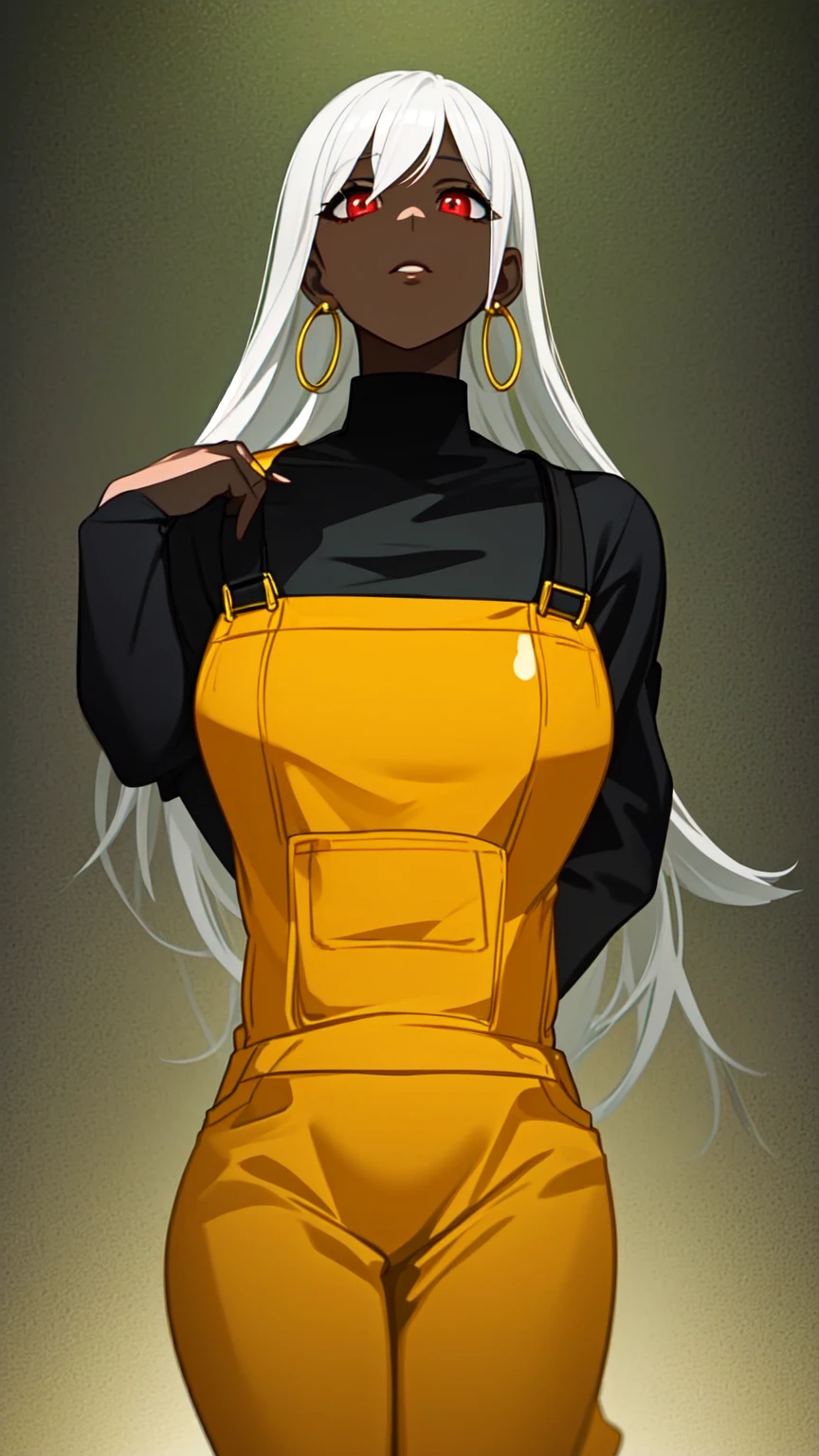 masterpiece, best quality,1girl, ((young girl)), ((large round magical red eyes)), shiny skin, (thin waist), (white hair), ((curvy)), ((wide hips)), ((hoop earrings)), ((small)) , (((yellow overalls))), hot, soft natural lighting, reflections, bright illuminations, deep dark black skin, ((yellow outfit)), upper body