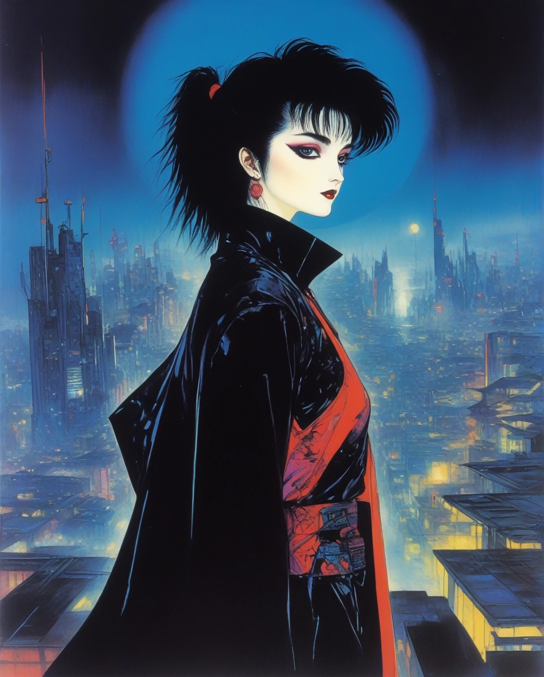 amano yoshitaka, 80s, 1girl, goth, siouxsie, michelle pffifer, cyberpunk, futuristic city background, 80s movie poster art style,