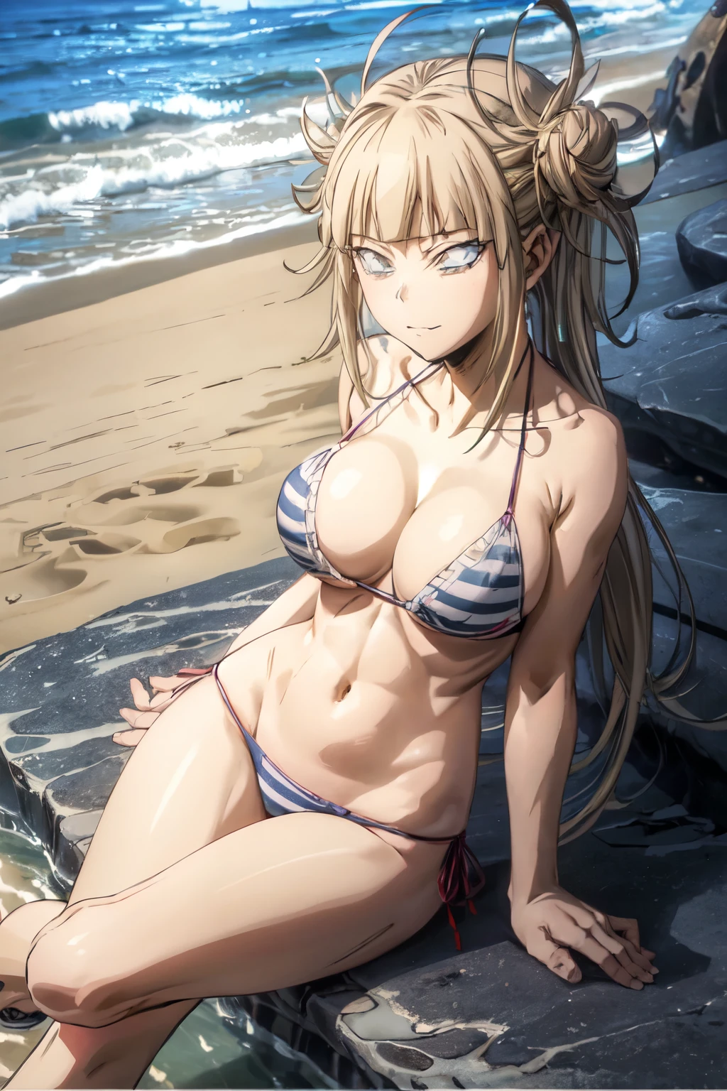 himikotoganova, beach, sexy bikini, sitting in lotus position, large breasts, navel