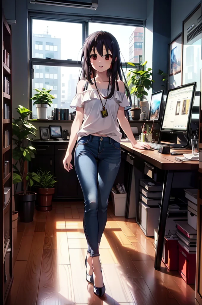 meet, Azusa Nakano, Black Hair, (Brown eyes:1.5), Long Hair, Straight Hair,Cold shoulder tops,Short sleeve,Skinny jeans,Stiletto heels,happy smile, smile, Open your mouth,interior,There is a computer on the table,Walking,So that the whole body goes into the illustration,昼間
break indoors, office,
break looking at viewer,
break (masterpiece:1.2), Highest quality, High resolution, unity 8k wallpaper, (figure:0.8), (Beautiful attention to detail:1.6), Highly detailed face, Perfect lighting, Highly detailed CG, (Perfect hands, Perfect Anatomy),