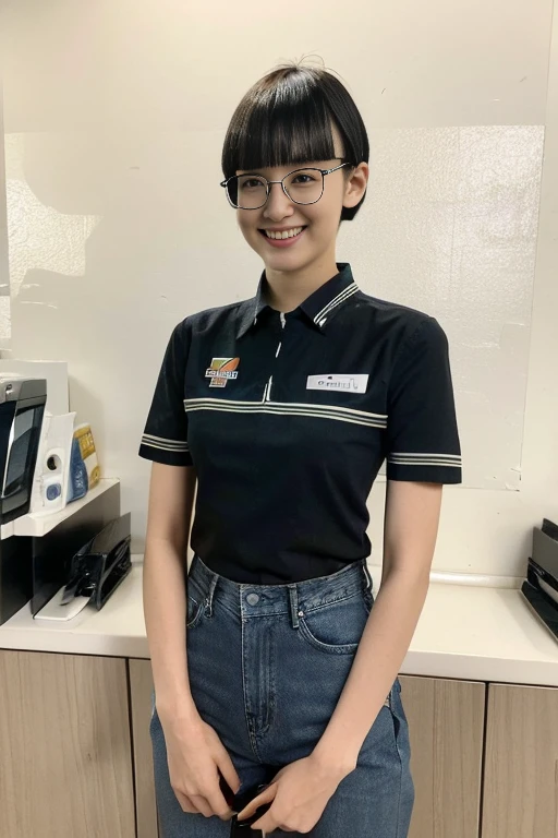 medium shot, (blue denim jeans), japanese lady, pale skin, droopy eyes, 21 year old,(Black short bowl cut hair with blunt bangs:1.3),((standing)), high quality:1.3, shoot from below,Professional lighting:2.0,realistic:1.2,(cinematic lighting), 4k resolution, detailed skin, masterpiece:1.1,(smile:1.3),(Black cell frame glasses:1.3), 7eleven, scenery, indoors, box, tiles, shop, tile floor,7elevenU, employee uniform, uniform, green shirt,