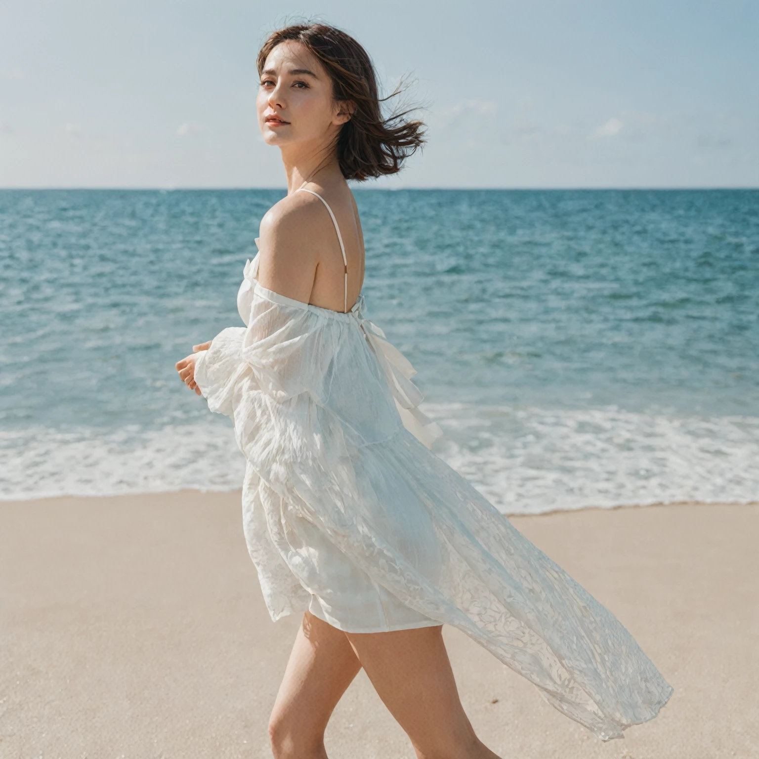 Photorealistic, high-quality 32k photo of a beautiful Japanese girl solo, in a summer dress, with detailed eyes and a joyful smile, walking along the beach. She’s wearing a light, flowy dress with Fashion beach Sandal, her hair tied back in a casual bun, and a sun hat. The image captures her full body with the serene beach and sunset in the background, emphasizing her carefree spirit and the romantic beach setting