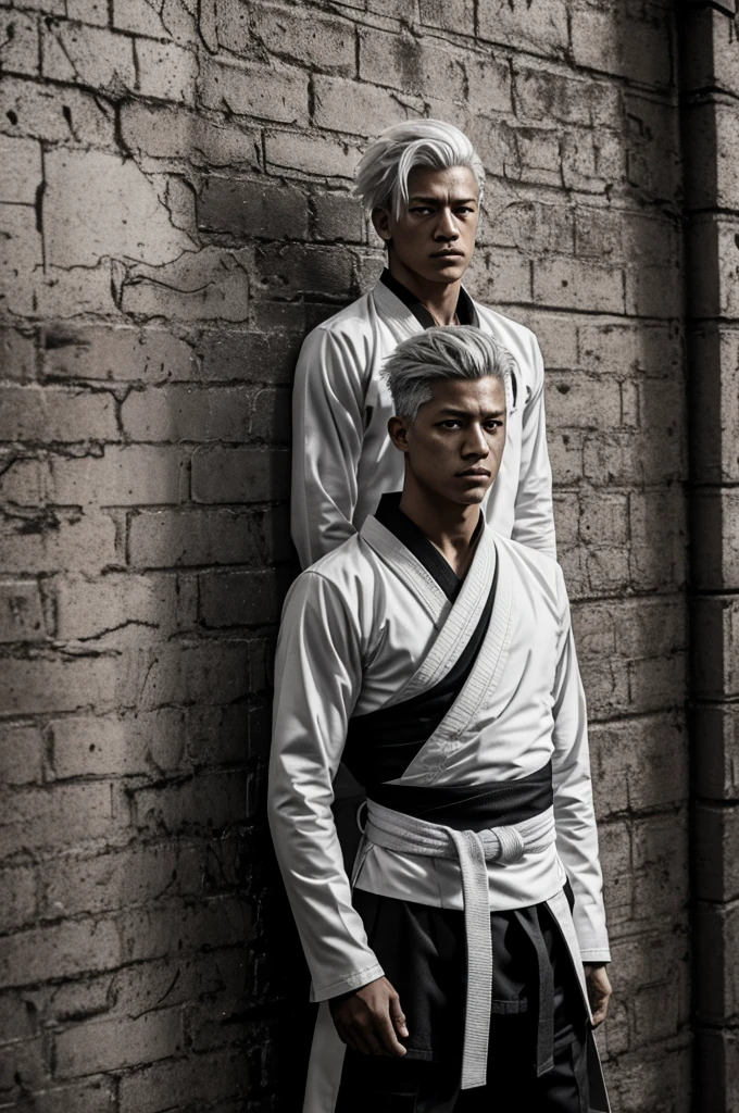 Best Quality, intricate details, line art, monochrome, amlo, persoja andres manuel lopes Worker, hair like cum, by white, messy hair, hair over one eye, Jujutsu Kaisen uniforms, estilo jujutsu kaisen , against the wall, brick wall, graffiti, dim lighting, alley