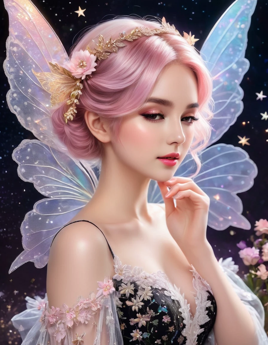 A delicate fairy with short pink hair styled in a loose bun adorned with flowers, wearing a black and white lace dress with intricate details. She has large, translucent wings that sparkle with iridescent colors against a dark, starry background. The lighting highlights her ethereal beauty and the intricate lace of her dress. The fairy's pose is elegant, with one hand gently touching her face and a soft, dreamy expression. The overall image has a magical, enchanting atmosphere with vibrant colors and fine details. Distant full body view, View from side, Hyper realistic photo, vibrant colors, 16k