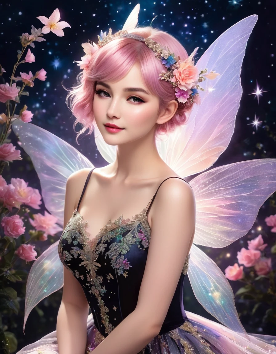 A delicate fairy with short pink hair styled in a loose bun adorned with flowers, wearing a black and white lace dress with intricate details. She has large, translucent wings that sparkle with iridescent colors against a dark, starry background. The lighting highlights her ethereal beauty and the intricate lace of her dress. The fairy's pose is elegant, with one hand gently touching her face and a soft, dreamy expression. The overall image has a magical, enchanting atmosphere with vibrant colors and fine details. Distant full body view, View from side, Hyper realistic photo, vibrant colors, 16k