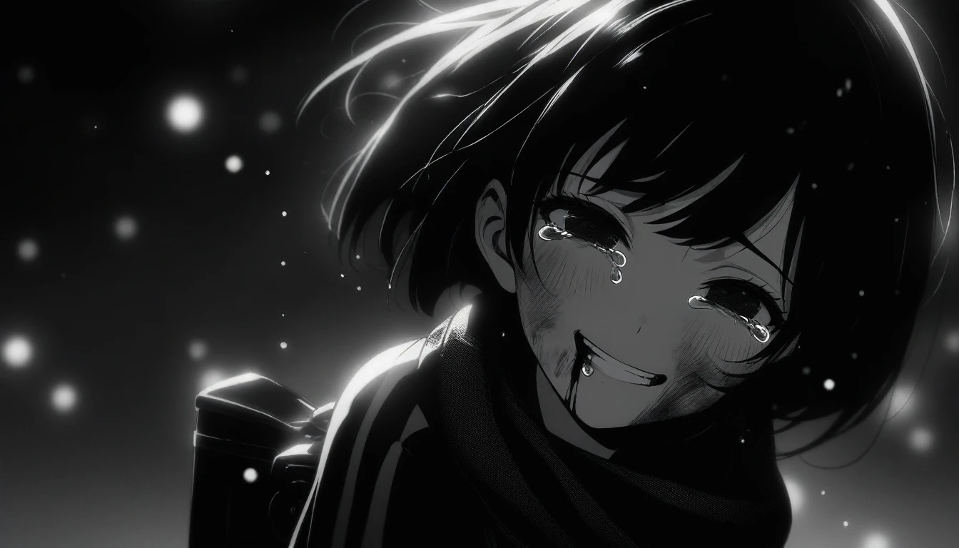 masterpiece, best quality, 1girl, momose_(oqo) official art, grayscale, manga style, japanese, chi no wadachi, black eyes, street, iced, black hair, schoolbag, smile, crying, tears, tears streaming, blood, blood_from_mouth, bruise, nosebleed, lineart, face against the ground, looking at viewer, blood on face, black coat, black scarf, 35 years old, mature_female:1, tall, fair skinned, bokeh background, streaming, bob cut, light particles, centered, snowing, emotional anime scene, (very aesthetic, best quality, ultra detailed), intricate details, red and blue lights flashing, camera glare, from above