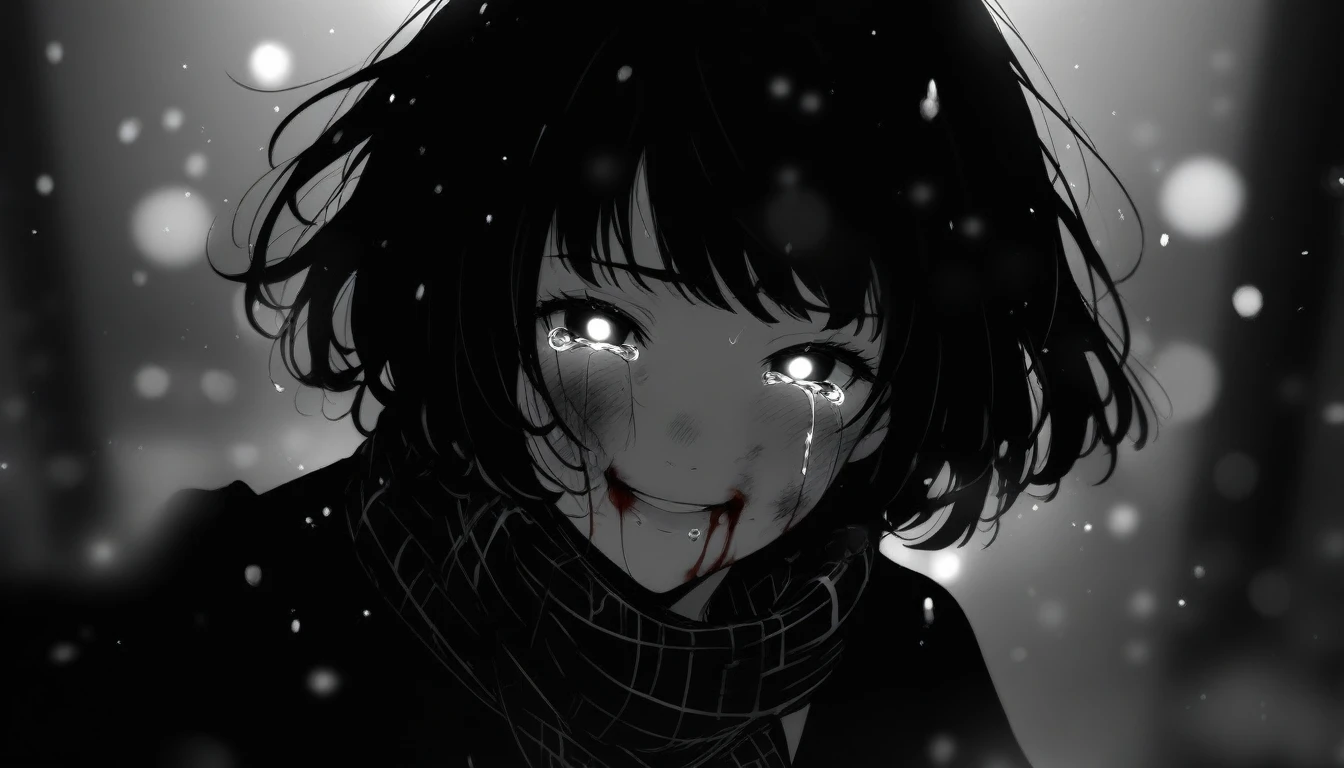 masterpiece, best quality, 1girl, momose_(oqo) official art, grayscale, manga style, japanese, chi no wadachi, black eyes, street, iced, black hair, schoolbag, smile, crying, tears, tears streaming, blood, blood_from_mouth, bruise, nosebleed, lineart, face against the ground, looking at viewer, blood on face, black coat, black scarf, 35 years old, mature_female:1, tall, fair skinned, bokeh background, streaming, bob cut, light particles, centered, snowing, emotional anime scene, (very aesthetic, best quality, ultra detailed), intricate details, red and blue lights flashing, camera glare, from above