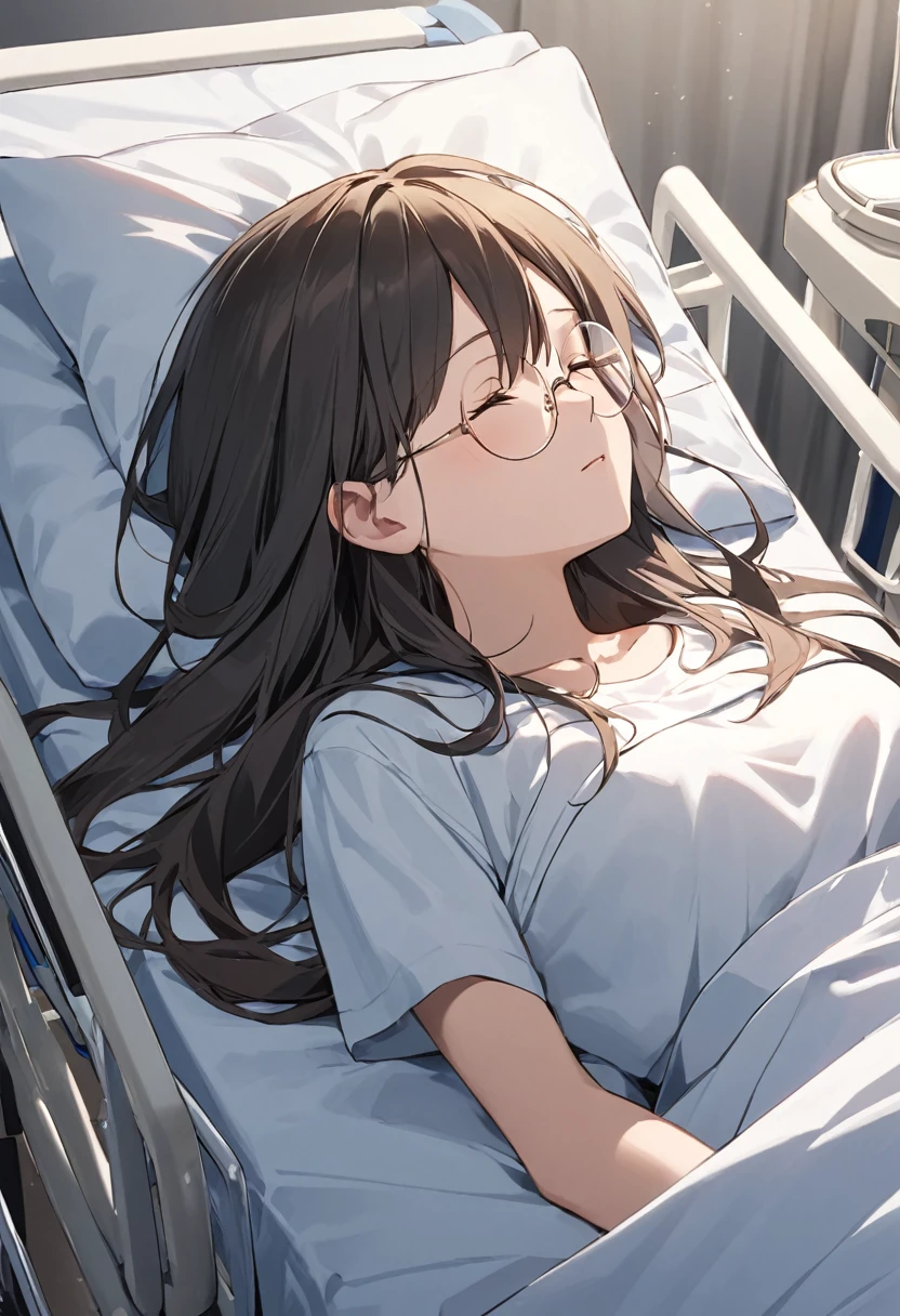 girl(Round Glasses、low length、Long Hair)Hospital bed(Sleeping on your back)