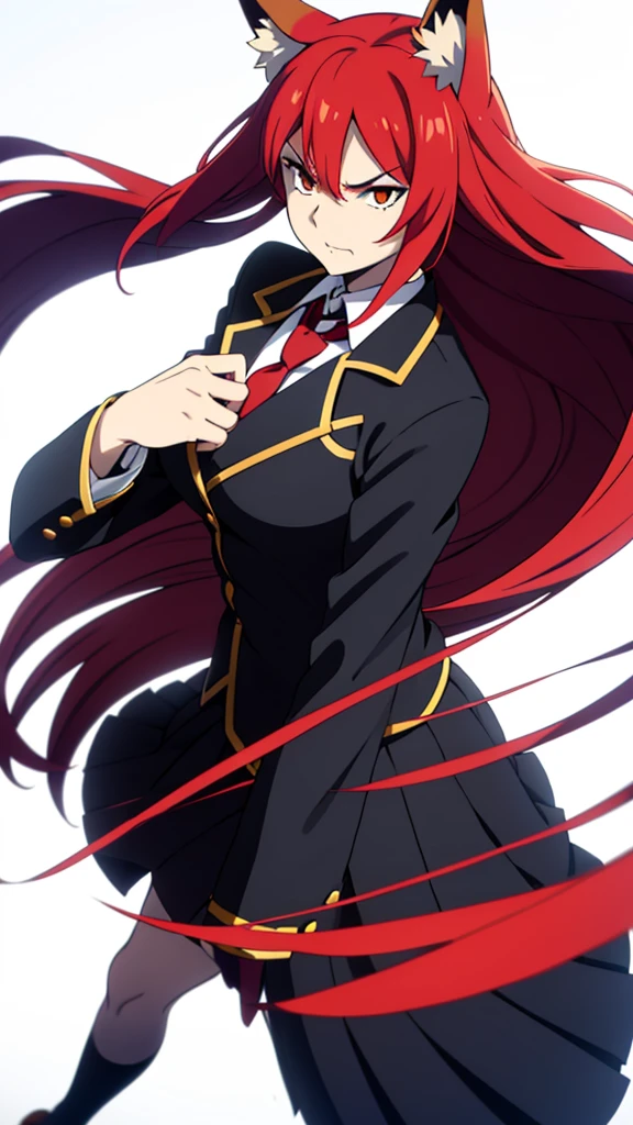 1girl ,20s,mature female,angry face,(red hair),long hair,fox ears,(white background, line drawing),necktie,black jacket, blazer,long sleeves,pleated skirt,walking,university,grass, blue sky