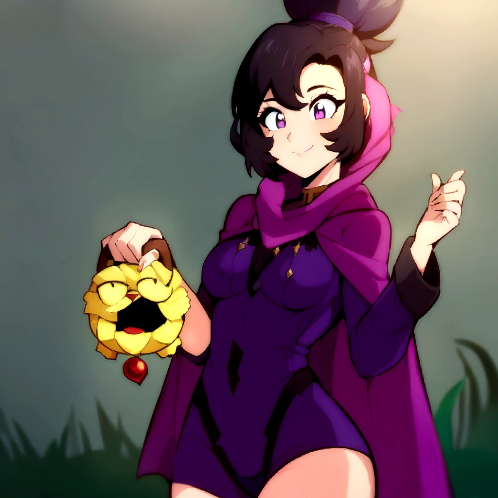 anime girl in a purple cape holding a yellow object, female protagonist 👀 :8, high quality fanart, muffet from undertale, detailed fanart, commission for high resolution, official fanart, Samira de League of Legends, annie from league of legends, must tear from the overlord, pokemon anime style, oc commission, background art, anime moe art style,with large and beautiful breasts, Her breasts can almost be seen through her clothes