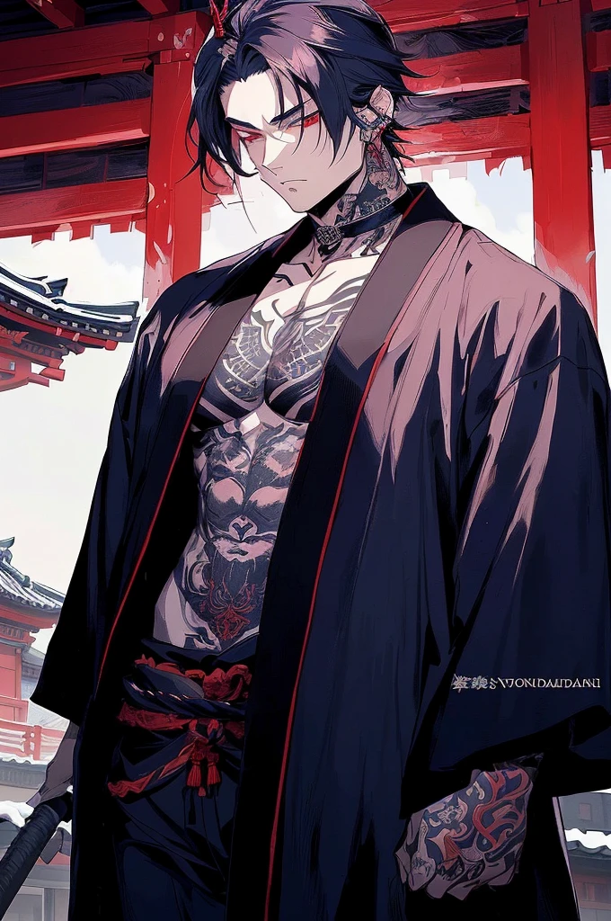 anime guy with tattoos and a black robe standing in front of a red building, handsome guy in demon slayer art, beautiful male god of death, handsome japanese demon boy, samurai chains ink undead, inspired by Kanō Hōgai, by Kanō Tan'yū, handsome saitama. intricate, samurai man vagabond