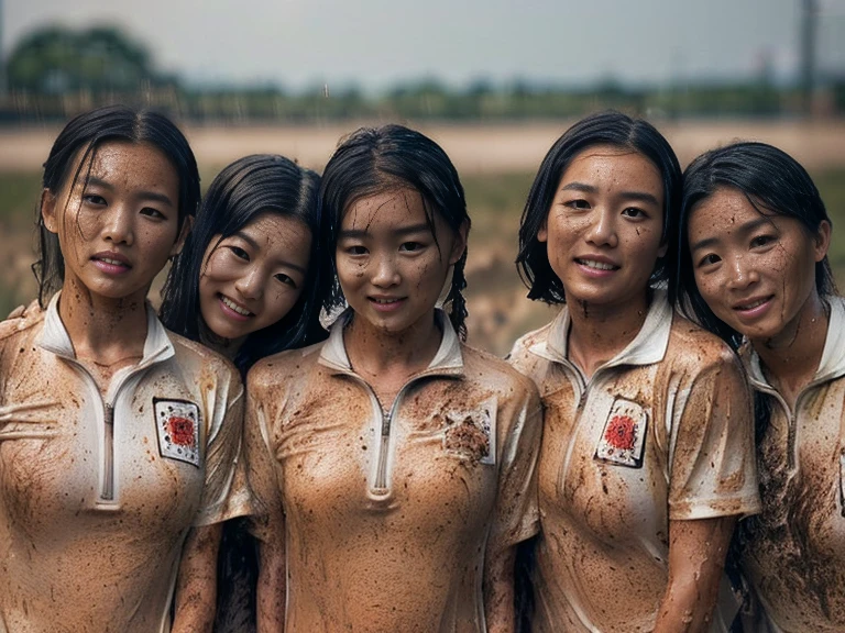 (A plain white short sleeved dirt stained field hockey uniform with a very tight white half zip:1.7)、(A large, dirt-stained, white, square collar: 1.6)、(Red clay ground:1.5)、My hair is wet and messy、(Beautiful Japanese woman covered in dirt:2.4)、Highest quality, masterpiece, Ultra-high resolution, Photorealistic, Raw Photos,Detailed face,(Muscular woman:1.4), (Fastener open: 1.8), (Upper body zoom up:1.0),(Everyone wears the same clothes:1.0), All members are super beauties, (Three beautiful Japanese women standing upright in discipline: 1.7), (Hair tied up: 1.4), (Gentle expression:2.1), Bright photo, (My whole body is drenched in rain: 1.7), (Covered in mud and earth: 1.5)
