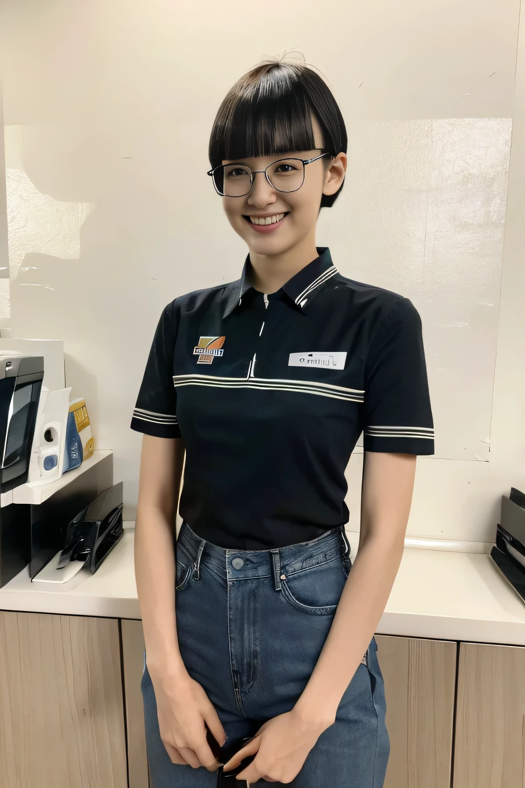 medium shot, (blue denim jeans), japanese lady, pale skin, droopy eyes, 21 year old,(Black short bowl cut hair with blunt bangs:1.3),((standing)), high quality:1.3, shoot from below,Professional lighting:2.0,realistic:1.2,(cinematic lighting), 4k resolution, detailed skin, masterpiece:1.1,(smile:1.3),(Black cell frame glasses:1.3), 7eleven, scenery, indoors, box, tiles, shop, tile floor,7elevenU, employee uniform, uniform, green shirt,