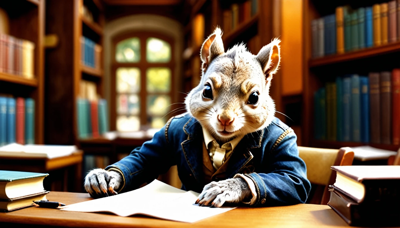 (photography film style), anthropomorphic, cute little squirrel, , library, studying, 2D, colorful, warm atmosphere, shiny, Jean-Baptiste Monge style, Alan Lee style