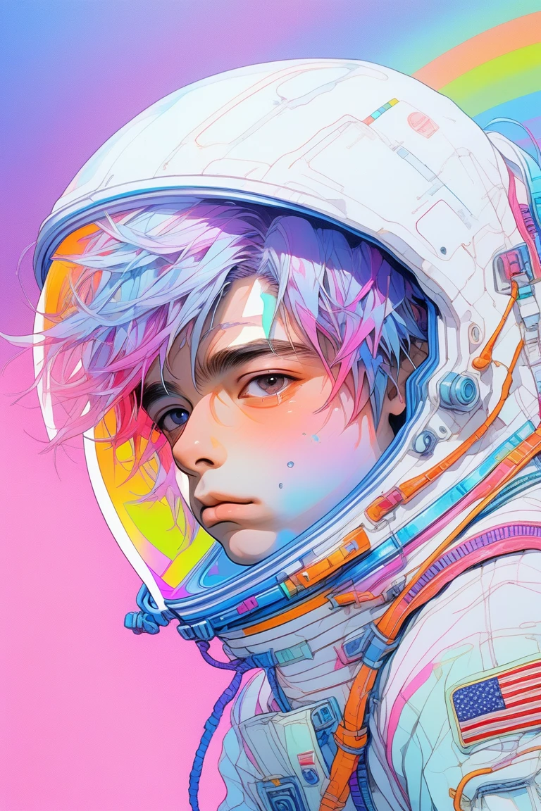 (Realistic:1.1),light blue ,Oil Color,(One boy ),,lip, Laryngeon,Rice bran, Rust gradient background, Fluorescent purple hair,Shag Hair, astronaut ,, (masterpiece,Highest quality,Rainbow Style)