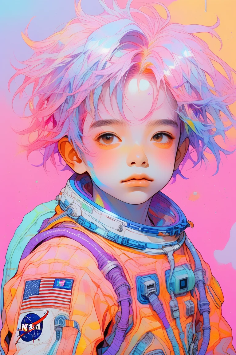 (Realistic:1.1),light blue ,Oil Color,(One boy ),,lip, Laryngeon,Rice bran, Rust gradient background, Fluorescent purple hair,Shag Hair, astronaut ,, (masterpiece,Highest quality,Rainbow Style)