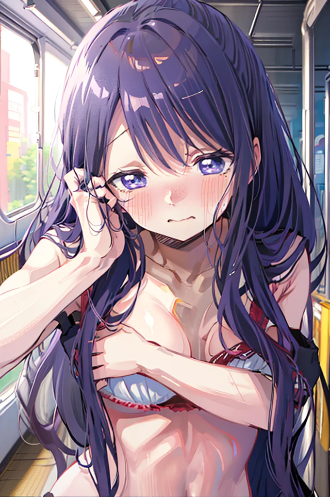手でHide、hand bra、Hide、Blushing、Embarrassed expression、Japanese 、Not wearing a bra、Light purple hair、Semi-long hair、Pale purple eyes、、Blushing、lipstick、Perfect hands、Detailed hands、on the train、、hand bra