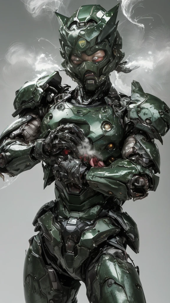 Rough skin, Very detailed, Advanced Details, high quality, 最high quality, High resolution, 1080P 、Bleeding from the wound、Sexy Eyes、Wearing green and black、cute((The whole body is sweating))(Equipped with a damaged battle suit....)(Dark green armor)(Broken Armor)Black Hair、Chiquita、short hair、Open your mouth、Painful expression、It hurts again、Healthy Skin、40-year-old woman　　(Steam coming out of the face) ((Steam from the body)) 　Unable to fight　Severe attacks　　Normal face　freckles　Full-body portrait with no exposed skin