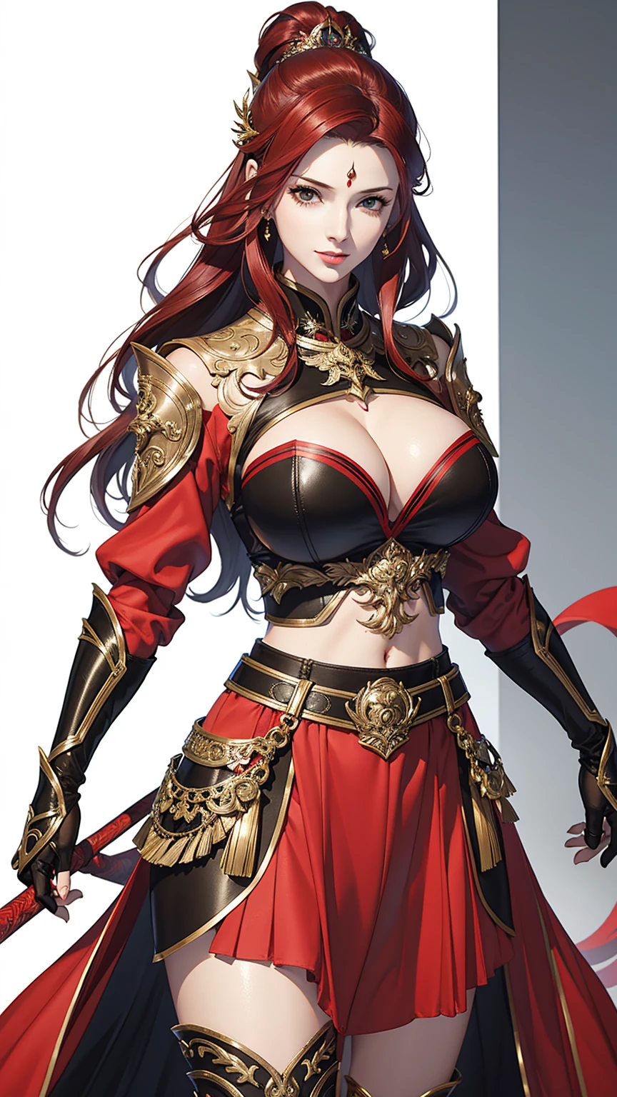 masterpiece, best quality, female, fortune, face portrait,red hair,long hair,abs, beautiful,breasts,black armor,midriff,pale skin,milf,busty,big breasts,black shoulder pads,sideboob,empress,huge breasts,sexy bride outfit,garter belt,liff skirt,dress,(hip cutout),revealing hip,cleavage to navel,wet,oiled skin