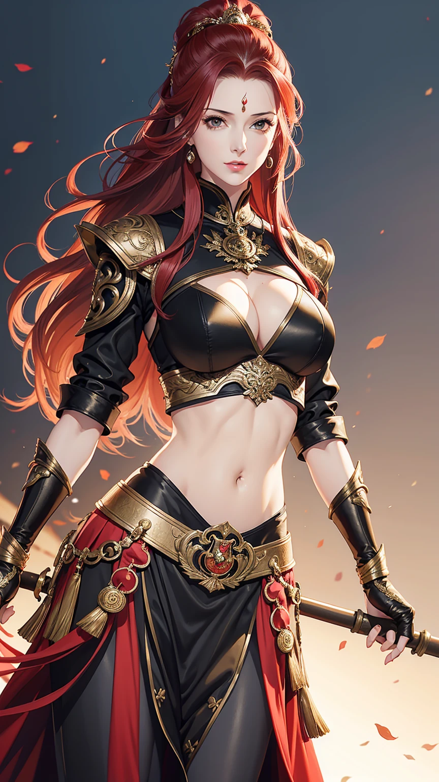 masterpiece, best quality, female, fortune, face portrait,red hair,long hair,abs, beautiful,breasts,black armor,midriff,pale skin,milf,busty,big breasts,black shoulder pads,sideboob,empress,huge breasts,sexy bride outfit,garter belt,liff skirt,dress,(hip cutout),revealing hip,cleavage to navel,wet,oiled skin