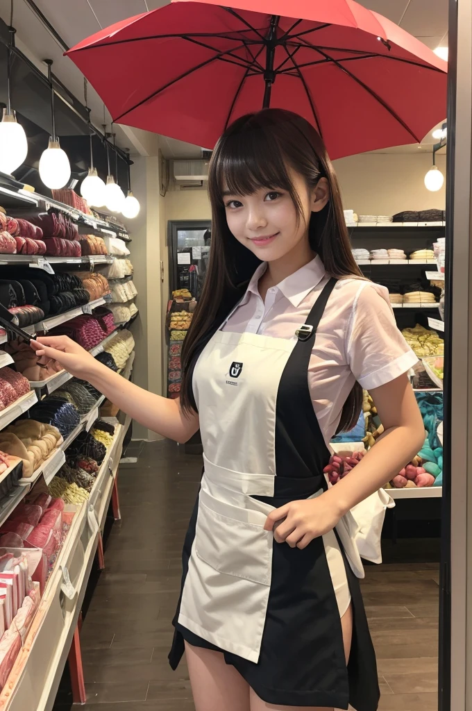 A 20-year-old girl working in a store with rows of cute umbrellas(Wearing a miniskirt and apron)