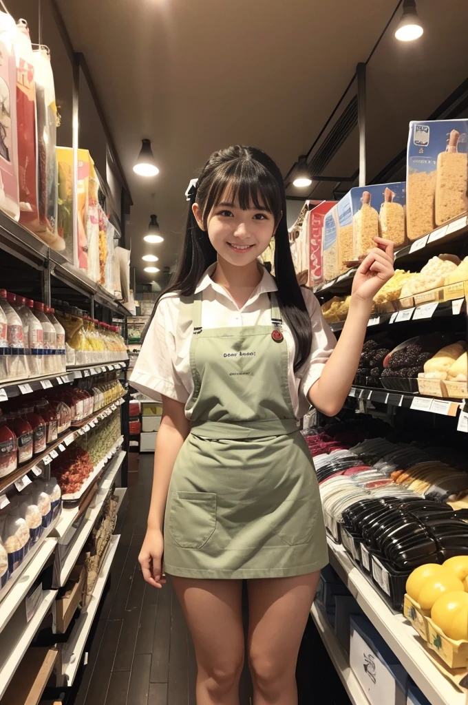 A 20-year-old girl working in a store with rows of cute umbrellas(Wearing a miniskirt and apron)