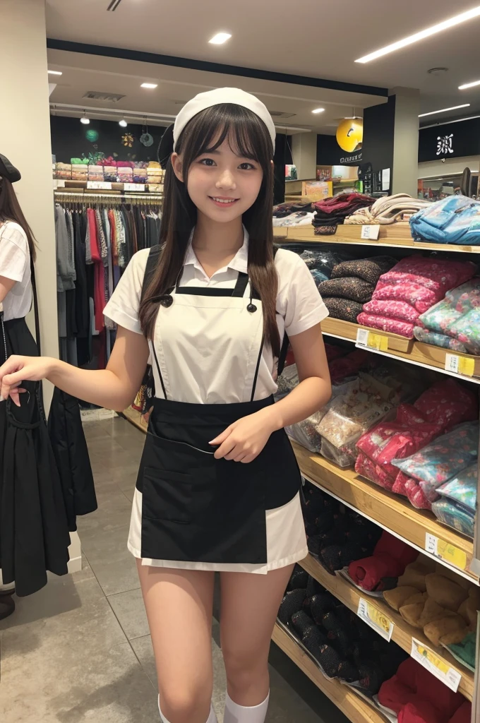 A 20-year-old girl working in a store with rows of cute umbrellas(Wearing a miniskirt and apron)