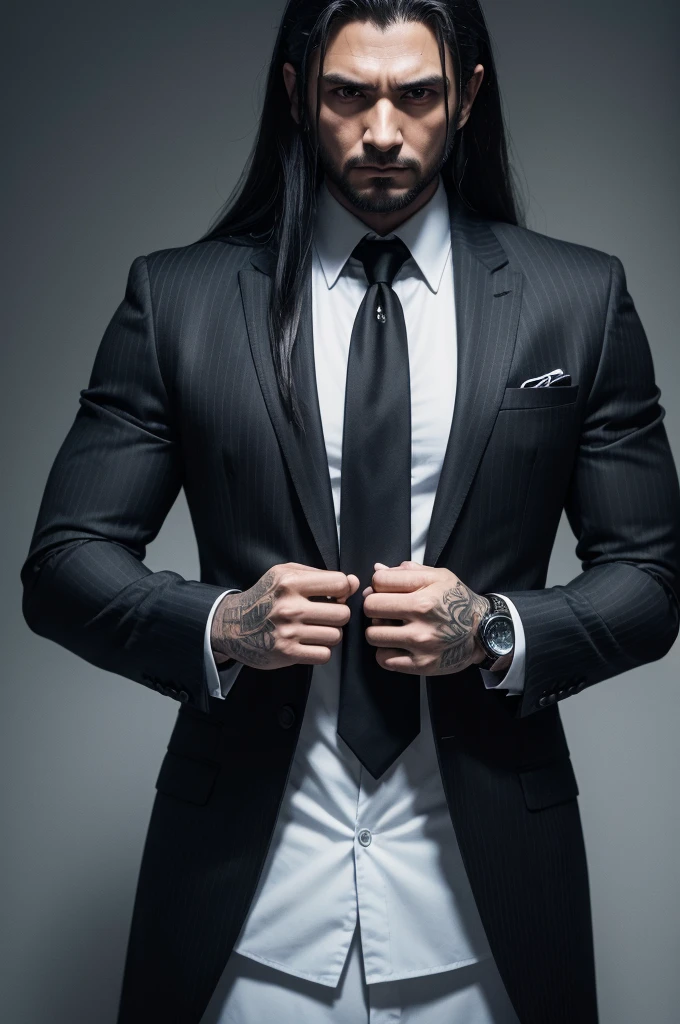 high qualiy, 35 year old man, mighty, Rico, medium long hair, cor preto, striking eyes, serious expression, detailed, wearing a black suit, Yakuza mafia leader, half of the body.