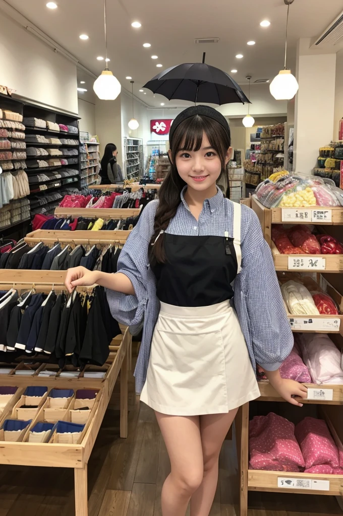 A 20-year-old girl working in a store with lots of cute umbrellas lined up(Wearing a miniskirt and apron)