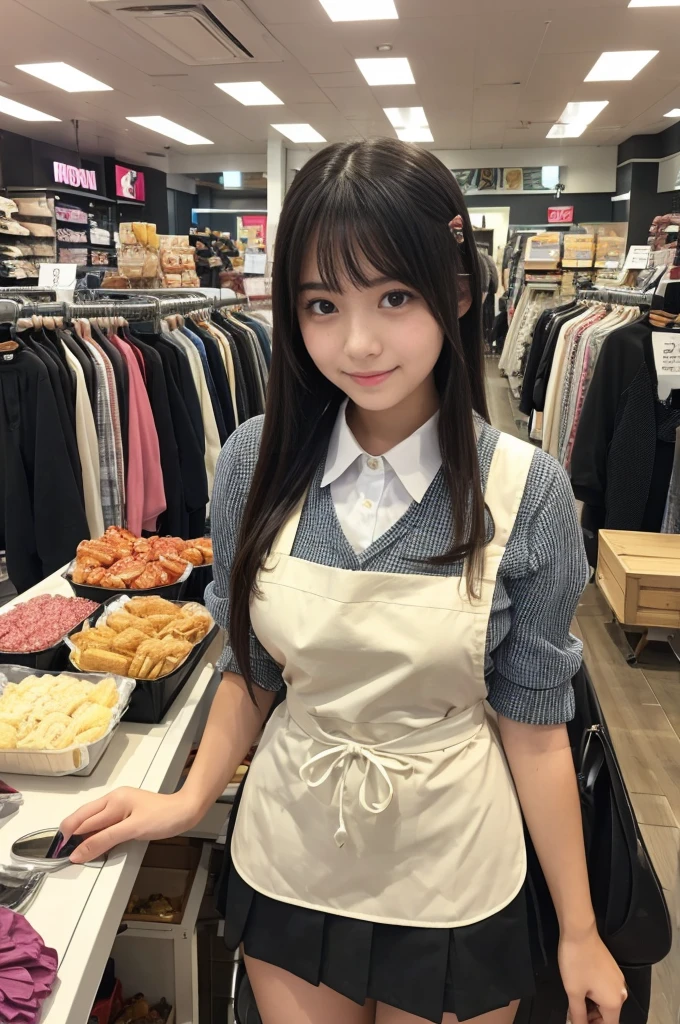 A 20-year-old girl working in a store with rows of cute umbrellas(Wearing a miniskirt and apron)