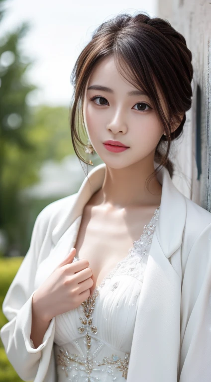 Close-up of a woman in a white dress and jacket, Zhang Han&#39;s realistic paintings,Erotic Queen、Beautiful Eros Queen、 Trending on Art Station, Fantasy art, perfect have Gray Hair girl, have Gray Hair, has long Gray Hair, Gray Hair, หญิงสาวที่have Gray Hair, ทีฟา ล็อกฮาร์ต Gray Hair, have Gray Hair lady, Gouache style artwork