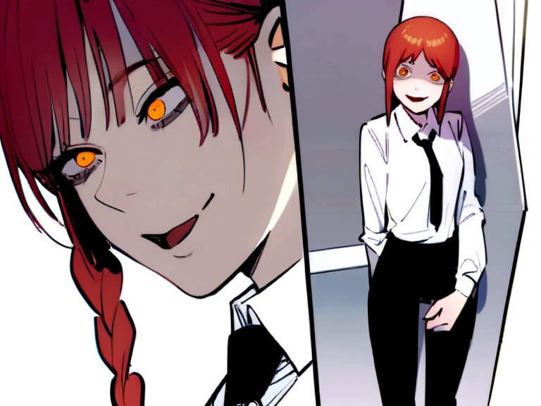 open mouth,(kiss),best quality, Crazy details,1 girl,1 boy, sit,In-flight and and (1 boy:1.4) blonde hair, appropriate (Chainsaw Man),and 1 person,hand (Chainsaw Man), best quality, Very detailed, 1 girl, , stand, red hair, long braided hair, golden eyes, smooth,, big girl, stare, smile, (evil:1.2),, hand (Chainsaw Man),shirt, Side lock, alone, uniform, white shirt, black tie, black pants
