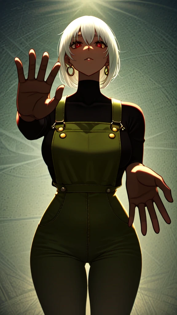 masterpiece, best quality,1girl, ((young girl)), ((large round magical red eyes)), shiny skin, (thin waist), (white hair), ((curvy)), ((wide hips)), ((hoop earrings)), ((small)) , (((yellow overalls))), hot, soft natural lighting, reflections, bright illuminations, deep dark black skin, ((yellow outfit)), upper body