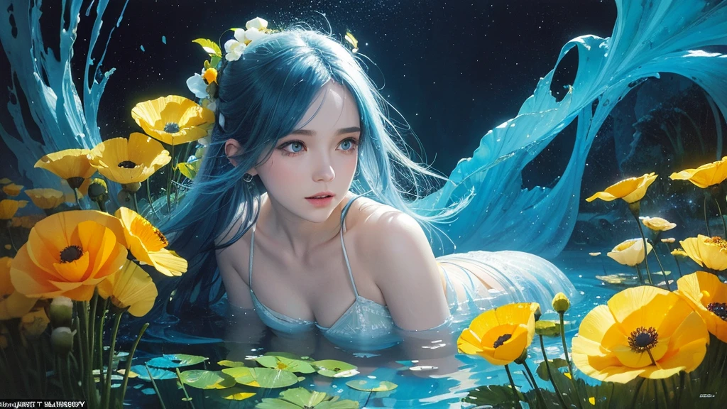 1 girl, adult, long silver hair, small breasts, quiet, water, mermaid, fish fins on head, transparent fish scales, river, mystical
