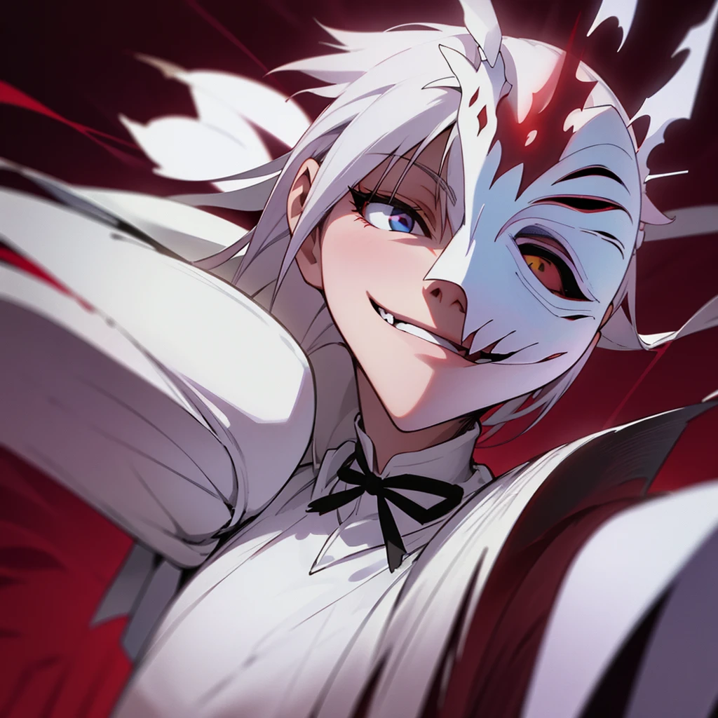 1 girl, dark white hair, villain, smile, psychopath, psychopath smirk, straight hair, (((noble cloth))), short skirt, white cloth, white poker mask, white tuxedo, masked, with mask on face